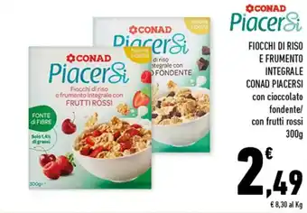 Conad Conad Piacersi Fiocchi di Riso e Frumento Integrale con cioccolato fondente/con frutti rossi 300g offerta