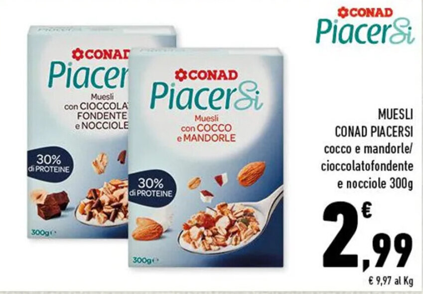 Conad Piacersi Muesli cocco e mandorle/cioccolato fondente e nocciole