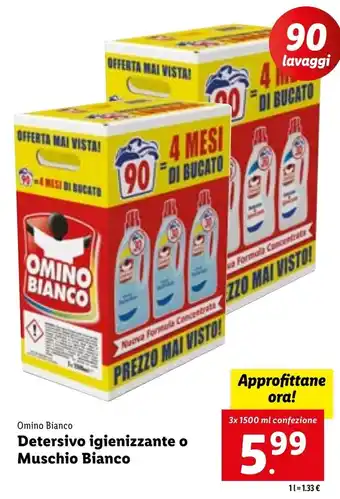 Lidl Omino Bianco Detersivo Igienizzante o Muschio Bianco 3 x 1500 ml confezione offerta