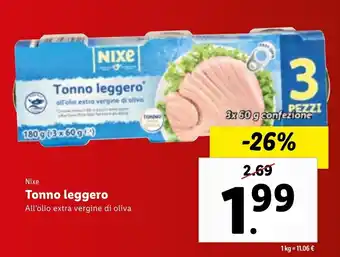 Lidl Nixe Tonno Leggero All Olio Extra Vergine di Oliva 3 x 60 g confezione offerta