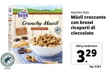 Lidl Alpenfest Style Müsli Croccante Con Brezel Ricoperti di Cioccolato 500 g confezione offerta