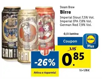 Lidl Steam Brew Birre Imperial Stout 7,5% Vol. Imperial IPA 7,8% Vol. German Red 7,9% Vol. 0,5 l lattina offerta