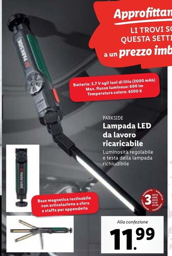Lidl Parkside Lampada Led da lavoro ricaricabile offerta