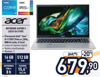 Unieuro Acer Notebook Aspire 5 (A515-56-51VR) offerta