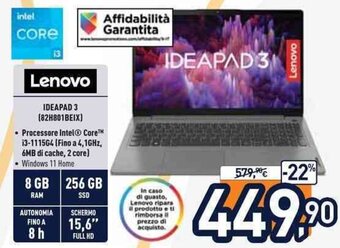 Unieuro Lenovo Ideapad 3 (82H801BEIX) offerta