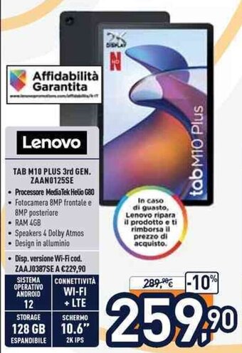 Unieuro Lenovo Tab M10 Plus 3rd Gen. ZAAN0125SE offerta
