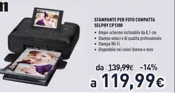 Unieuro Canon Stampante per Foto Compatta Selphy CP 1300 offerta