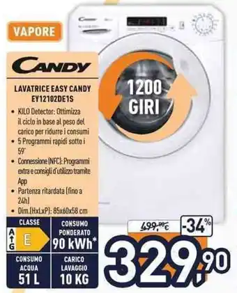 Unieuro Candy Lavatrice Easy EY12102DE1S offerta