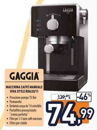 Unieuro Gaggia Macchina Caffè Manuale Viva Style RI8433/11 offerta