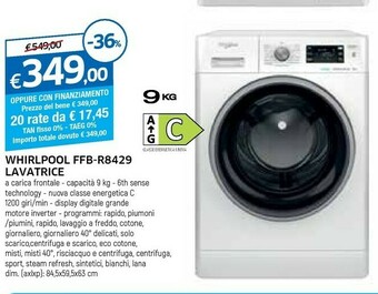 Galassia Whirlpool FFB R8429 BSV IT Lavatrice Libera Installazione Caricamento Frontale 9 Kg 1200 Giri/min C Bianco offerta
