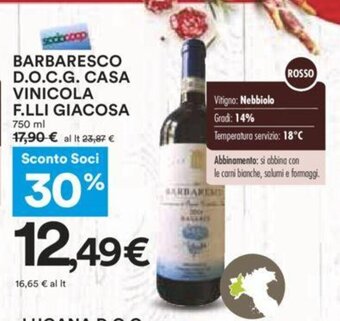 Coop Barbaresco D.O.C. G. Casa Vinicola F.LLI Giacosa 750 ml offerta