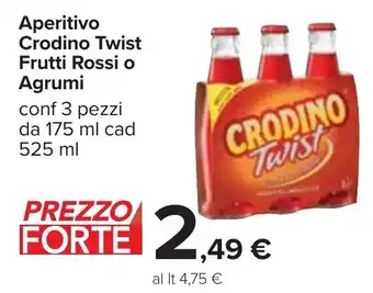 Carrefour Crodino Twist Frutti Rossi o Agrumi Aperitivo conf 3 pezzi da 175 ml cad 525 ml offerta