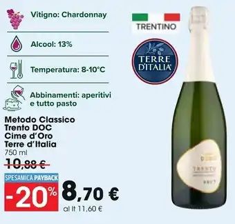 Carrefour Terre D'Italia Cime D'Oro Metodo Classico Trento DOC 750 ml offerta