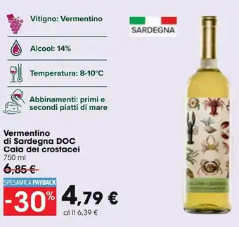 Carrefour Cala dei Crostacei Vermentino di Sardegna DOC 750 ml offerta