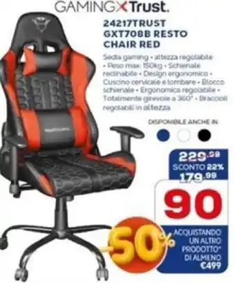 Euronics Gaming Trust Resto Chair Red GXT708B 24217TRUST offerta