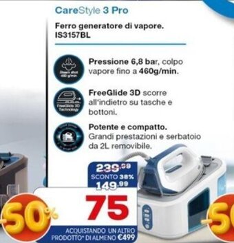 Euronics CareStyle 3 Pro Ferro generatore di vapore IS3157BL offerta
