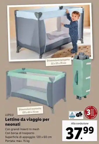 Lidl Lupilu Lettino da viaggio per neonati Con grandi inserti in mesh. Con borsa di trasporto 120x60 cm 15 kg offerta
