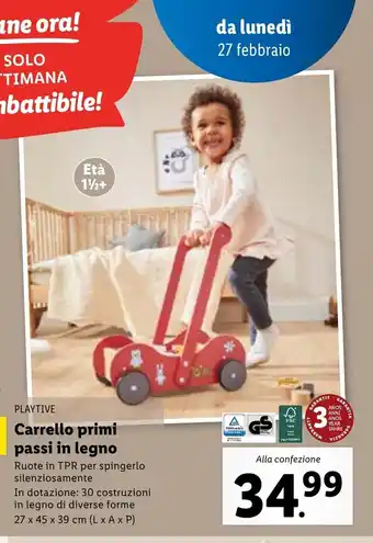 Lidl Playtive Carrello primi passi in legno 27x45x39 cm (LxAxP) offerta