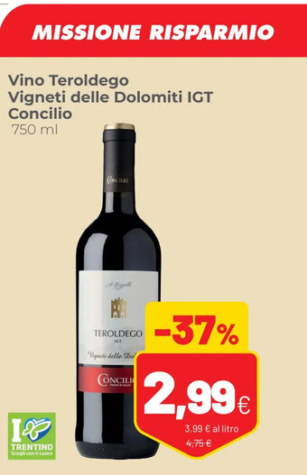 Coop Vino Teroldego Vigneti delle Dolomiti IGT Concilio 750 ml offerta