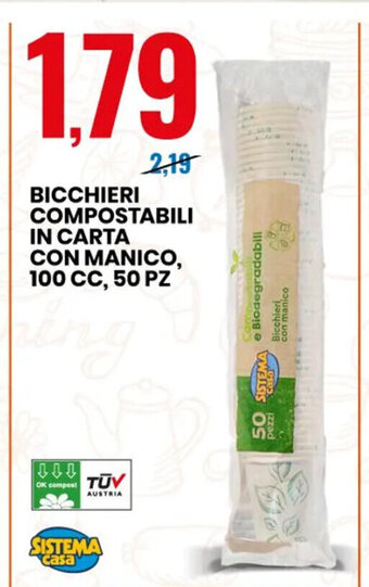 Eurospin Bicchieri Compostabili In Carta Con Manico, 100 cc, 50 pz offerta