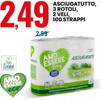 Eurospin Amo Essere Eco Asciugatutto, 3 Rotoli. 2 Veli 100 Strappi offerta