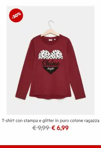 T-shirt con sta,pa e glitter in puro cotone ragazza