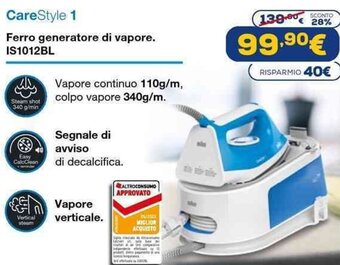 Euronics Braun CareStyle 1 Ferro generatore di vapore IS1012BL offerta