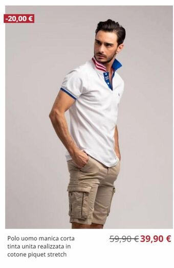 Polo uomo manica corta tinta unita realizzata in cotone piquet stretch