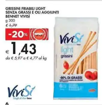 Bennet Bennet Vivisí Grissini Friabili Light Senza Grassi E Oli Aggiunti 300 g offerta