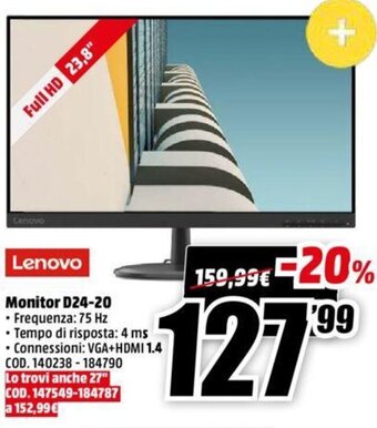 MediaWorld Lenovo Monitor D24-20 offerta