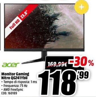 MediaWorld Acer Monitor Gaming Nitro QG241Ybii offerta