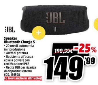 MediaWorld JBL Speaker Bluetooth Charge 5 offerta