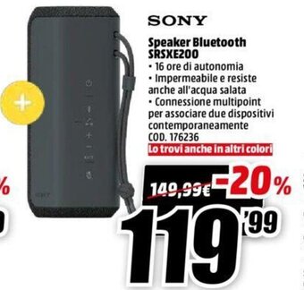 MediaWorld Sony Speaker Bluetooth SRSXE200 offerta