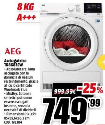 MediaWorld AEG Asciugatrice TR8G83CW offerta
