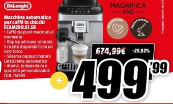 MediaWorld DeLonghi Macchina Automatica Per Caffè In Chicchi ECAM290.61.SB offerta
