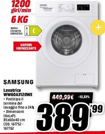 MediaWorld Samsung Lavatrice WW60A3120WE offerta