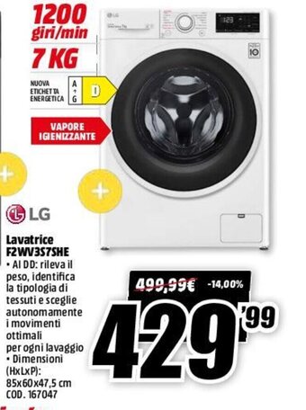 MediaWorld LG Lavatrice F2WV3S7SHE offerta