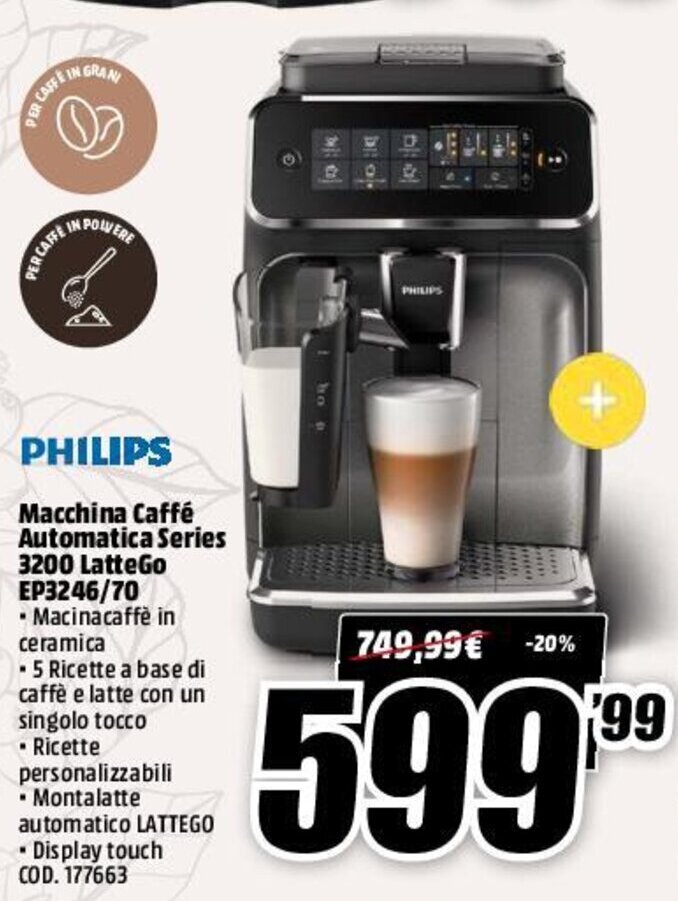 Philips Macchina Caffé Automatica Series 3200 LatteGo EP3246/70 offerta ...