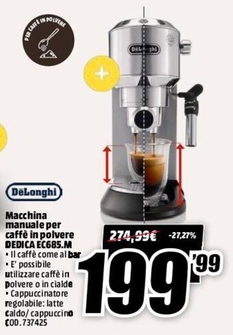 MediaWorld DeLonghi Macchina Manuale Per Caffè In Polvere Dedica EC685.M offerta