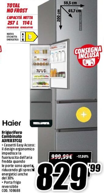 MediaWorld Haier Frigorifero Combinato A3FE837CGJ offerta