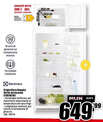 MediaWorld Electrolux Frigorifero Doppia Porta da Incasso ETB2AE16S offerta