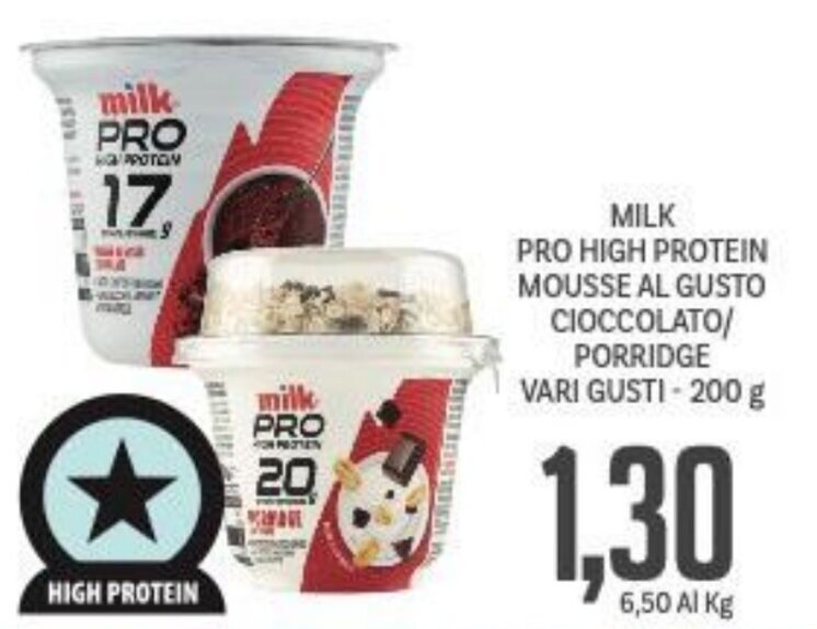 Milk Pro High Protein Mousse Al Gusto Cioccolato/Porridge vari gusti