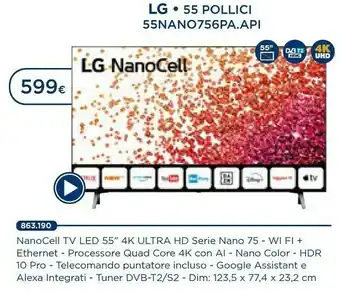 Esselunga LG 55NANO756PA TV 139,7 Cm (55") 4K Ultra HD Smart TV Wi-Fi Nero offerta