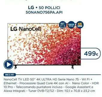 Esselunga LG NanoCell 50NANO75 127 Cm (50") 4K Ultra HD Smart TV Wi-Fi Nero offerta