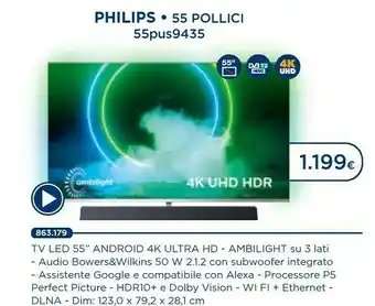 Esselunga Philips 55PUS9435/12 TV 139,7 Cm (55") 4K Ultra HD Smart TV Wi-Fi Nero offerta