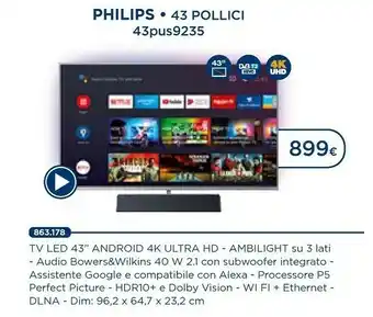 Esselunga Philips 43PUS9235/12 TV 109,2 Cm (43") 4K Ultra HD Smart TV Wi-Fi Nero offerta