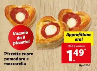 Lidl Pizzette cuore pomdoro e mozzarella 193,5 g vassoio offerta