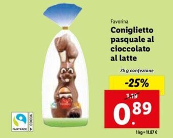 Lidl Favorina Coniglietto Pasquale Al Cioccolato Al Latte 75 g confezione offerta