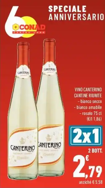 Conad Cantine Riunite Vino Canterino bianco secco, bianco amabile, rosato 75 cl offerta