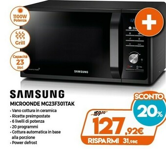 Expert Samsung MG23F301TAK Superficie Piana Microonde Con Grill 23 L 800 W Nero offerta